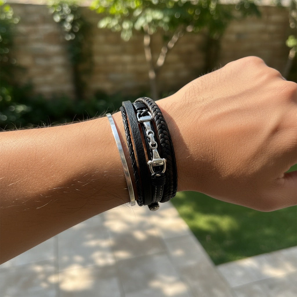 Erkek Deri Bileklik – Paslanmaz Çelik Detaylı