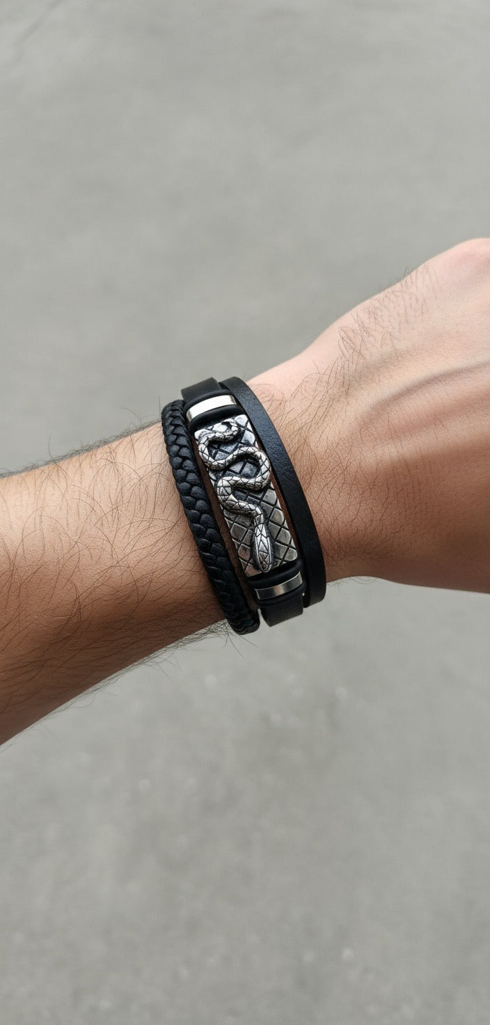 Erkek Deri Bileklik – Yılan Desenli Paslanmaz Çelik Detaylı