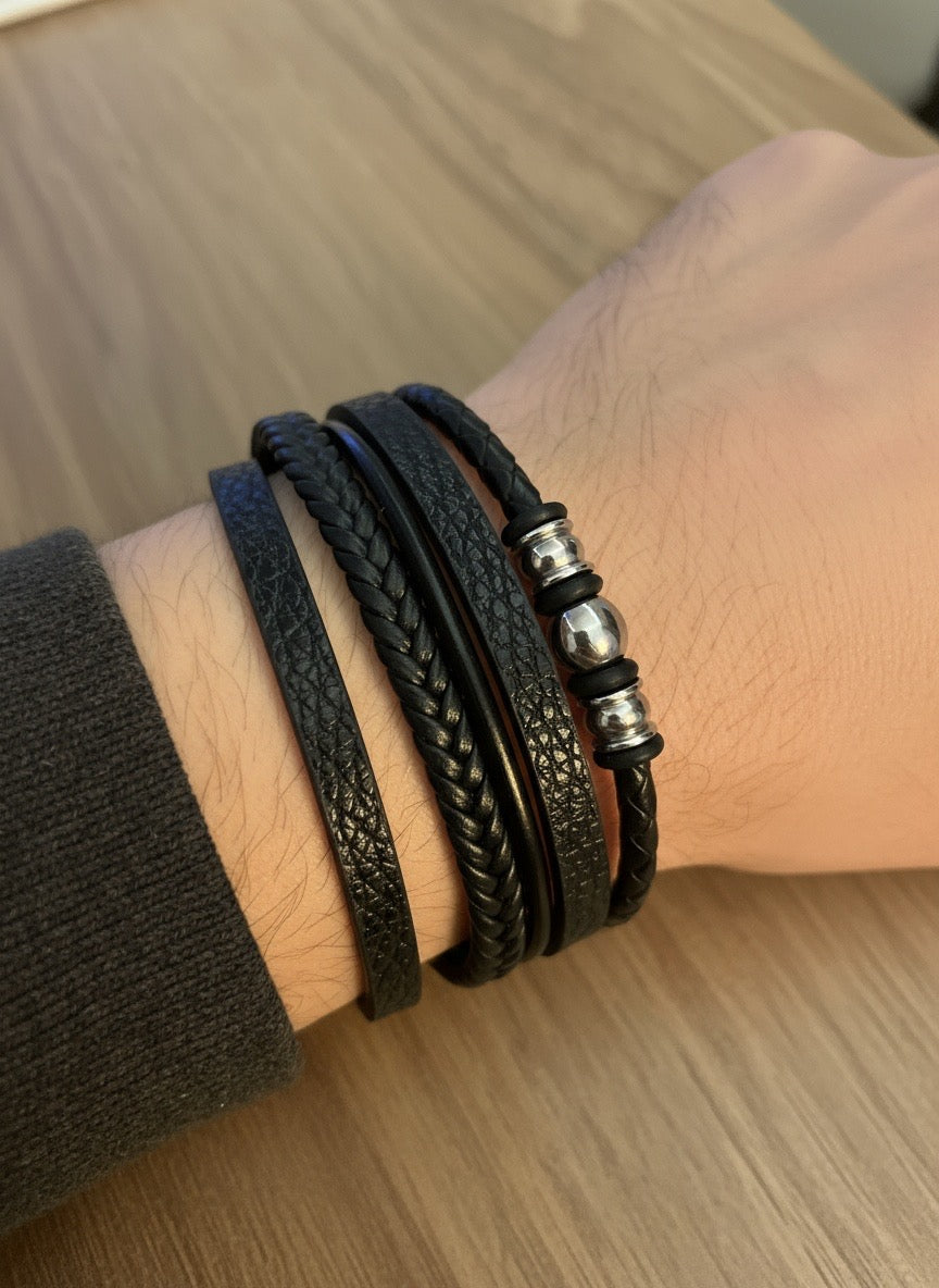 Erkek Deri Bileklik – Paslanmaz Çelik Detaylı