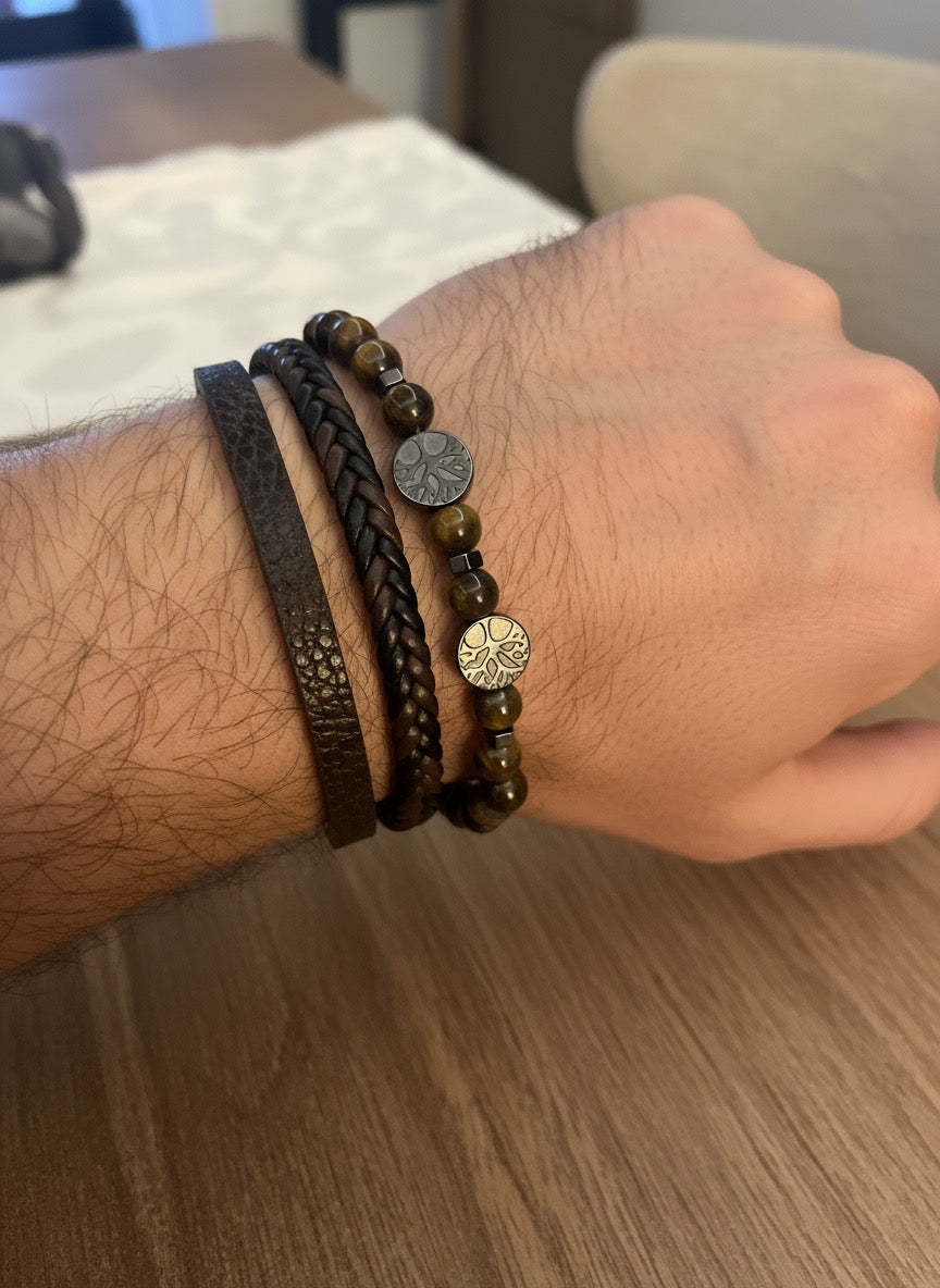 Erkek Deri Bileklik – Paslanmaz Çelik Detaylı