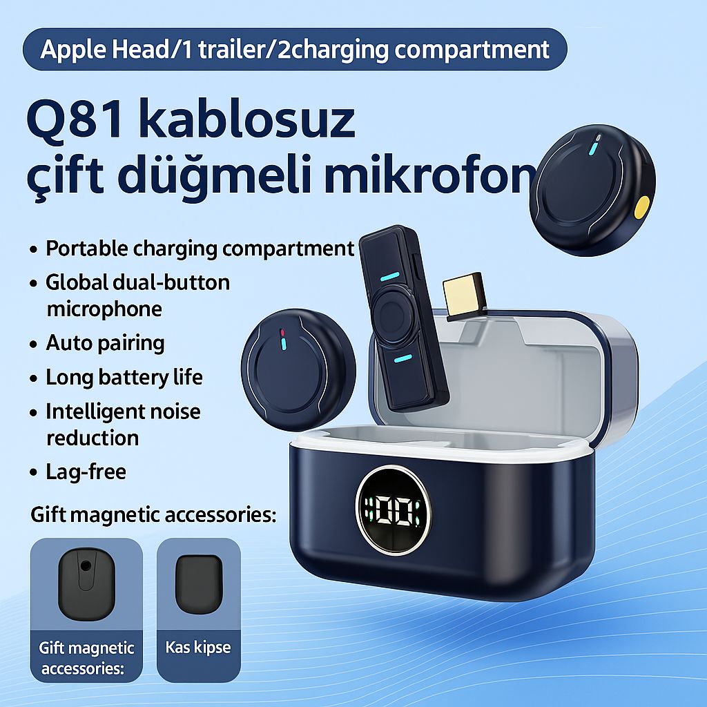🎤 Q81 Kablosuz Yaka Mikrofonu (Çift Verici + Şarj Kutusu)