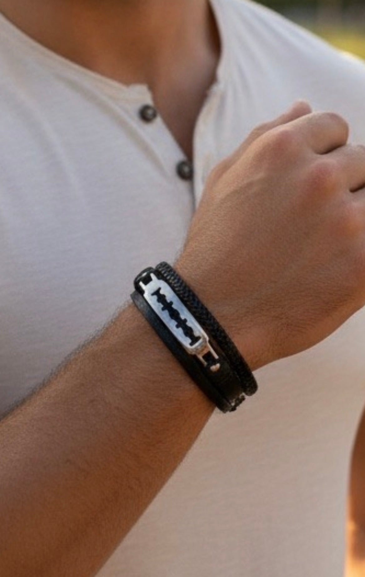 Erkek Deri Bileklik – Paslanmaz Çelik Detaylı