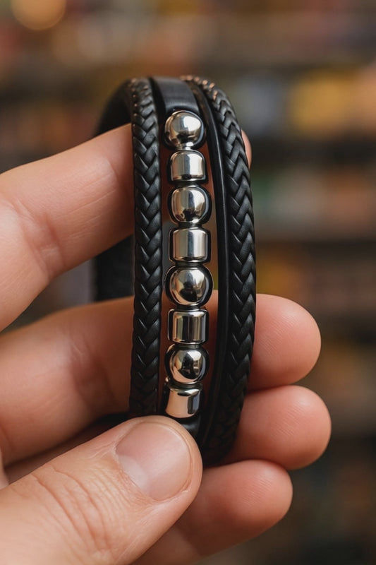 Erkek Deri Bileklik – Paslanmaz Çelik Detaylı